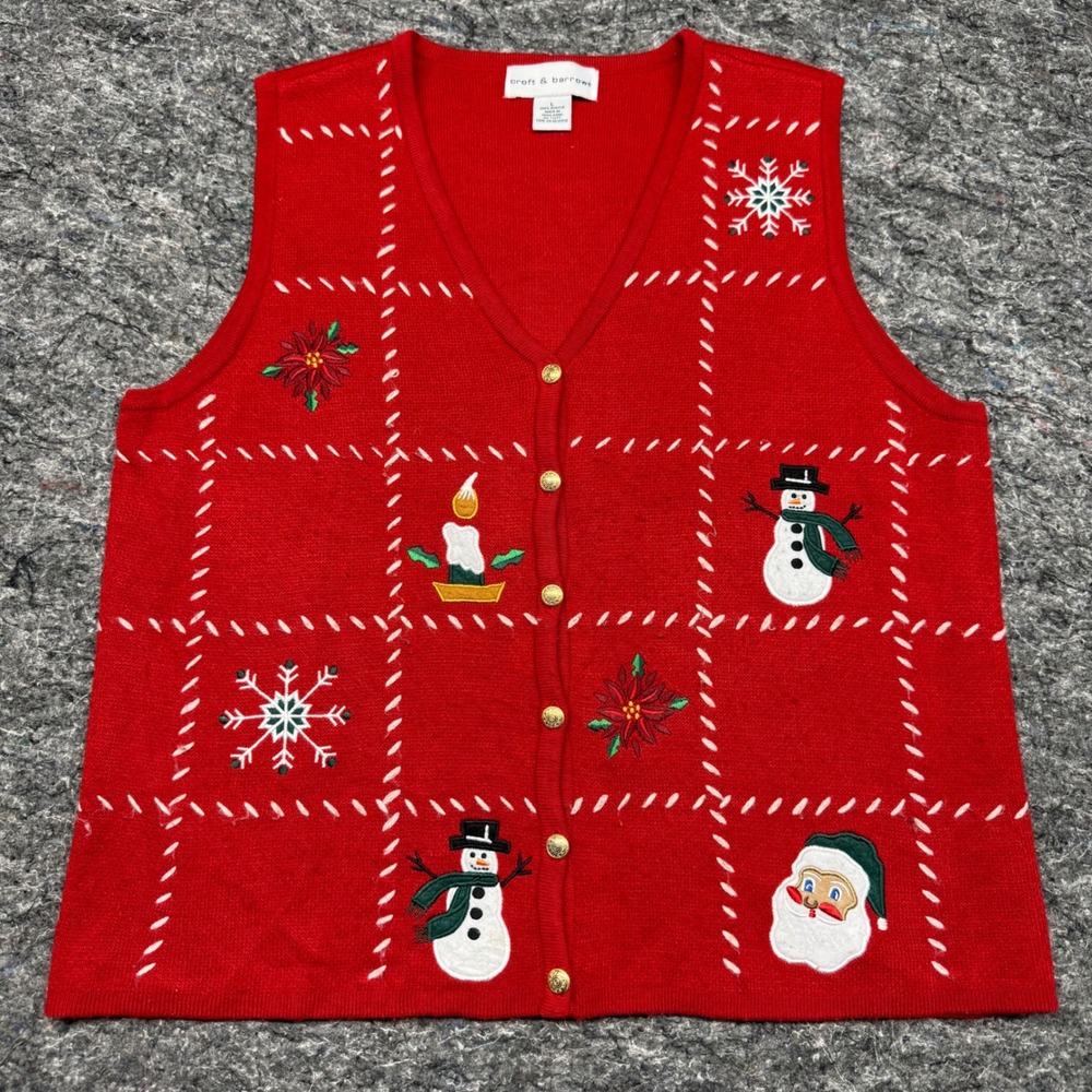 Croft & Barrow Christmas Sweater Vest Red Embroidered Santa Snowman Large